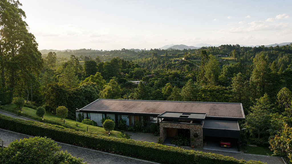 Aerial view of the residence and landscaped grounds