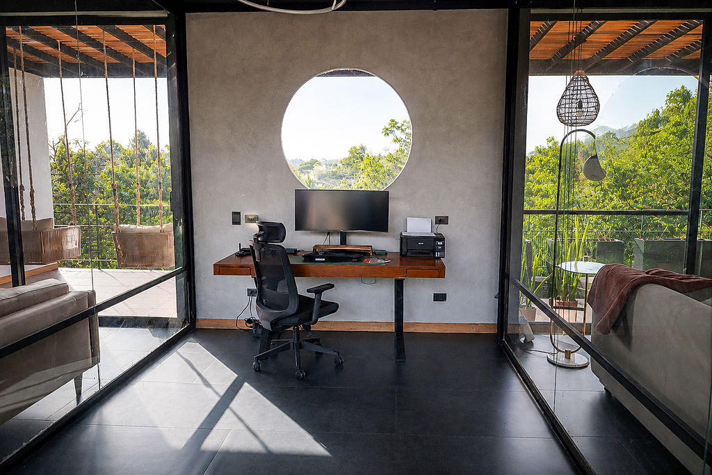 Home office with panoramic window for remote work